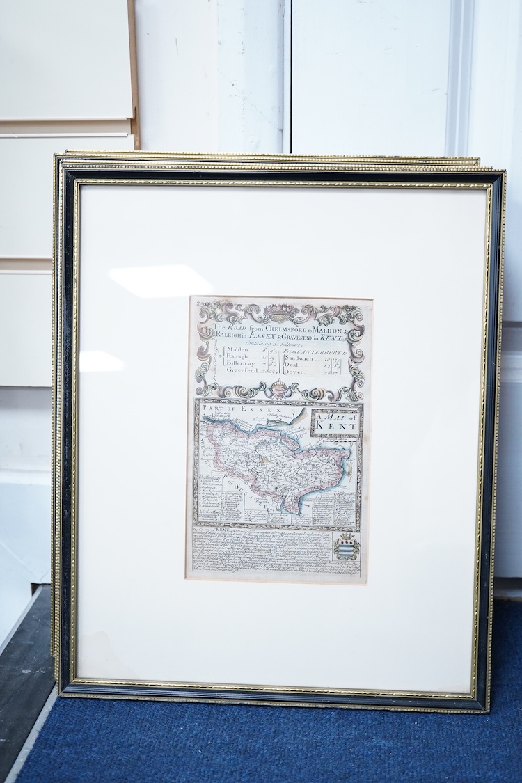 After John Owen & Emmanuel Bowen, A set of four 18th century hand coloured engraved road maps comprising: The North and East Riding of Yorkshire, The West Riding of Yorkshire, Lancashire, and Kent, gallery labels verso,